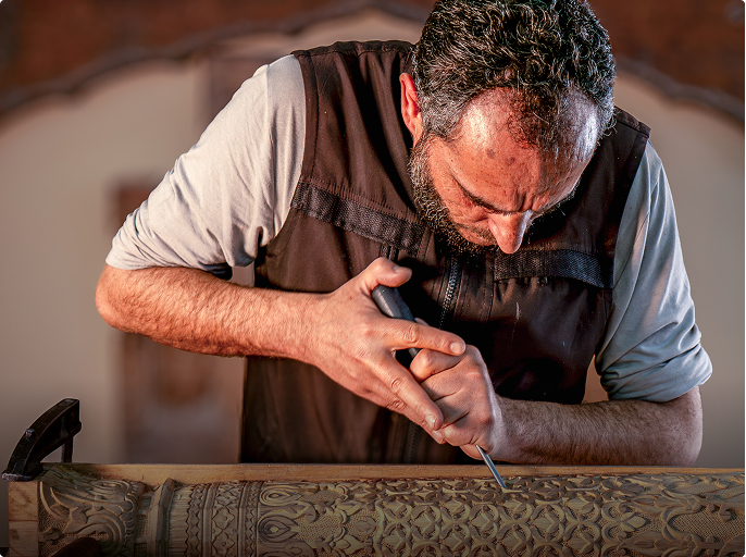 Artisan market table with crafted decor